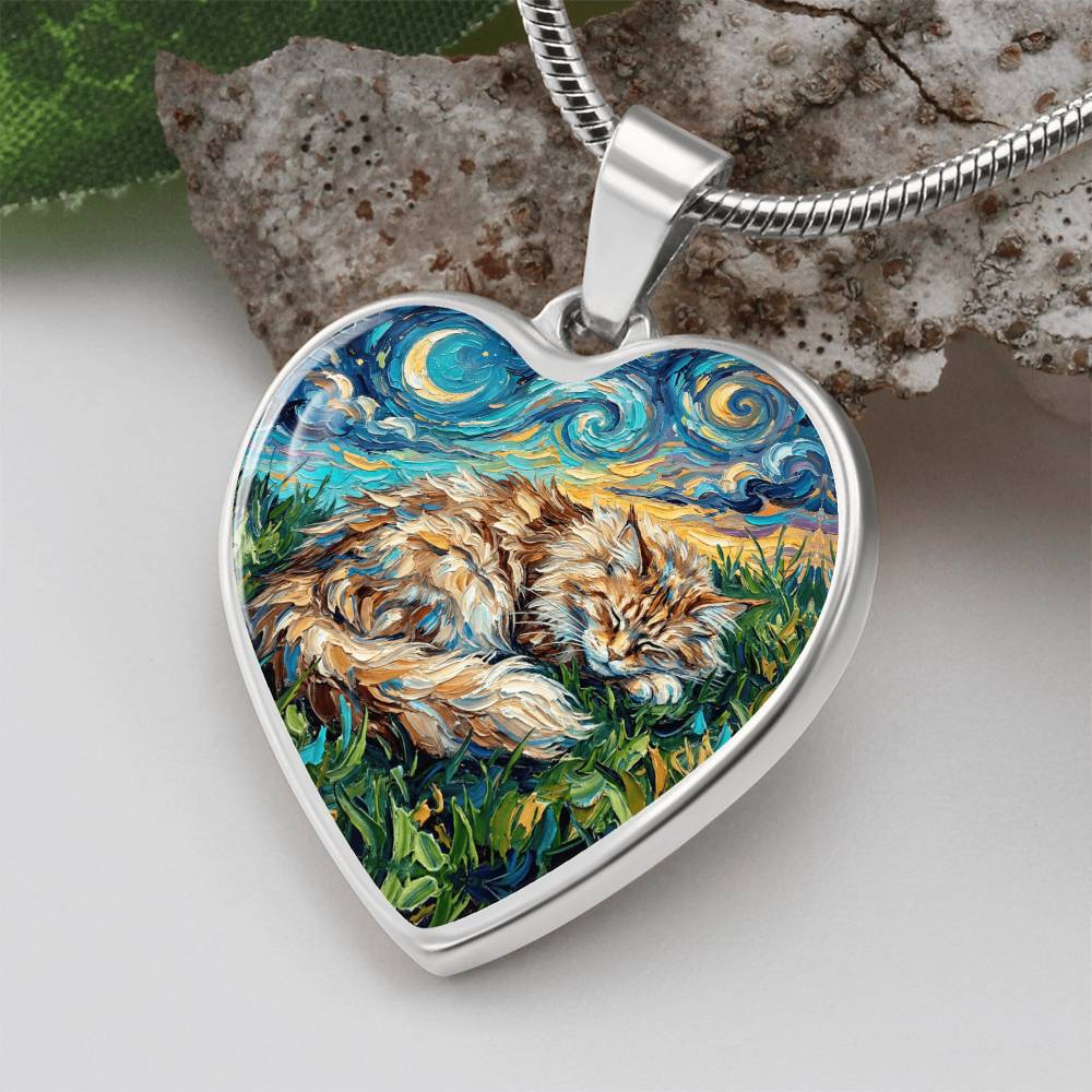 Sleepy Maine Coon Night Heart Necklace