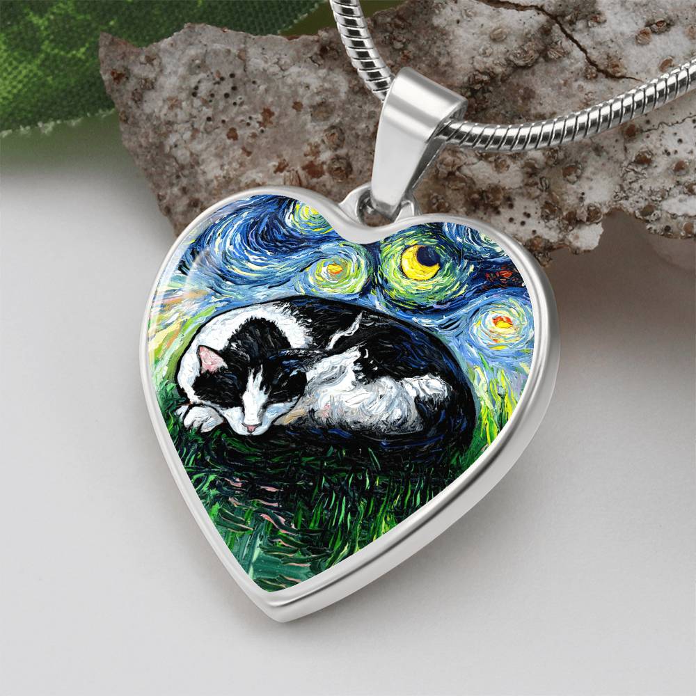 Sleeping Tuxedo Cat Starry Night Heart Necklace