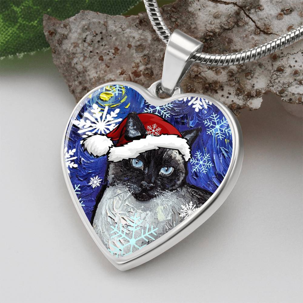 Siamese Cat Christmas Heart Necklace