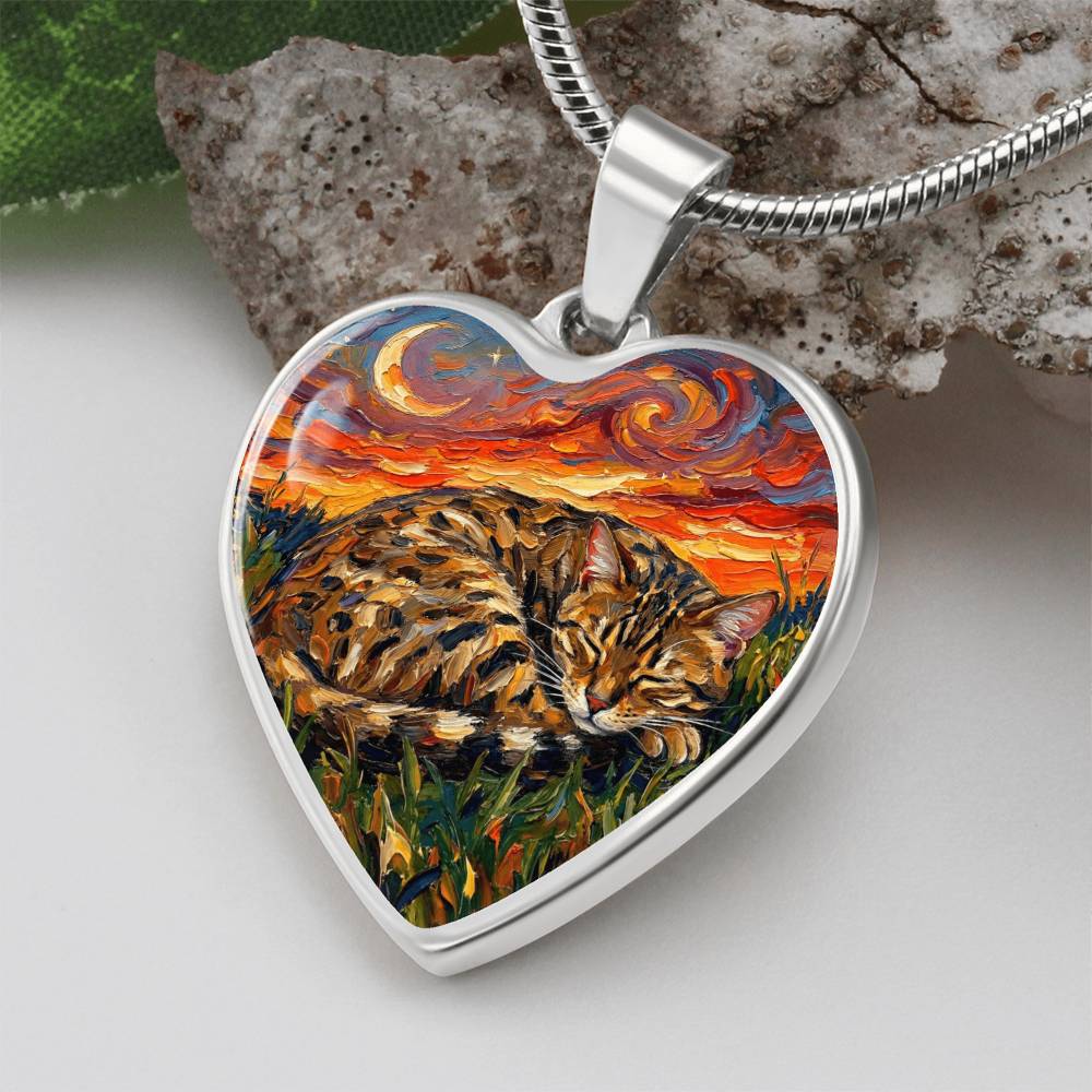 Sleepy Egyptian Mau Night Heart Necklace