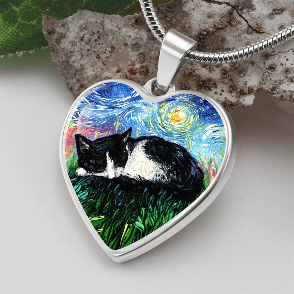 Sleepy Tuxedo Kitten Starry Night Heart Necklace