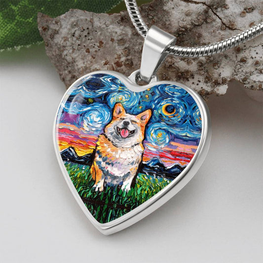 Smiling Corgi Starry Night Heart Necklace