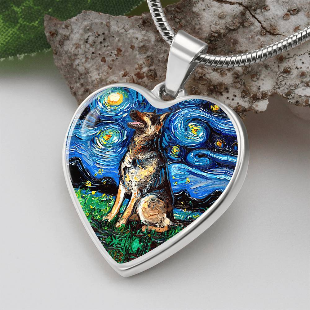 German Shepherd Starry Night Heart Necklace