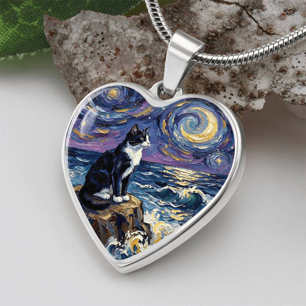 Beach Nights - Tuxedo Cat Heart Necklace