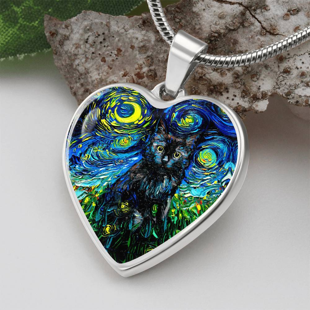 Black Cat Portrait Starry Night Heart Necklace