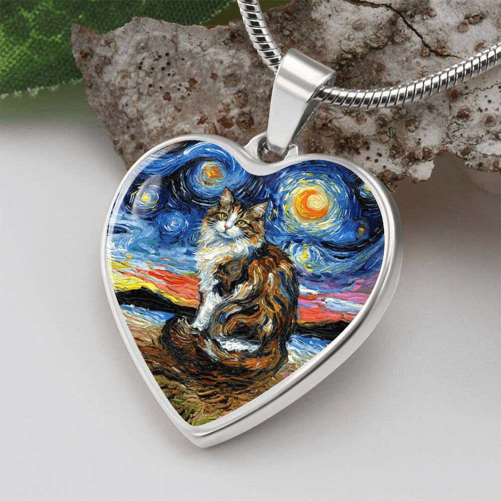 Calico Cat 2 Starry Night Heart Necklace
