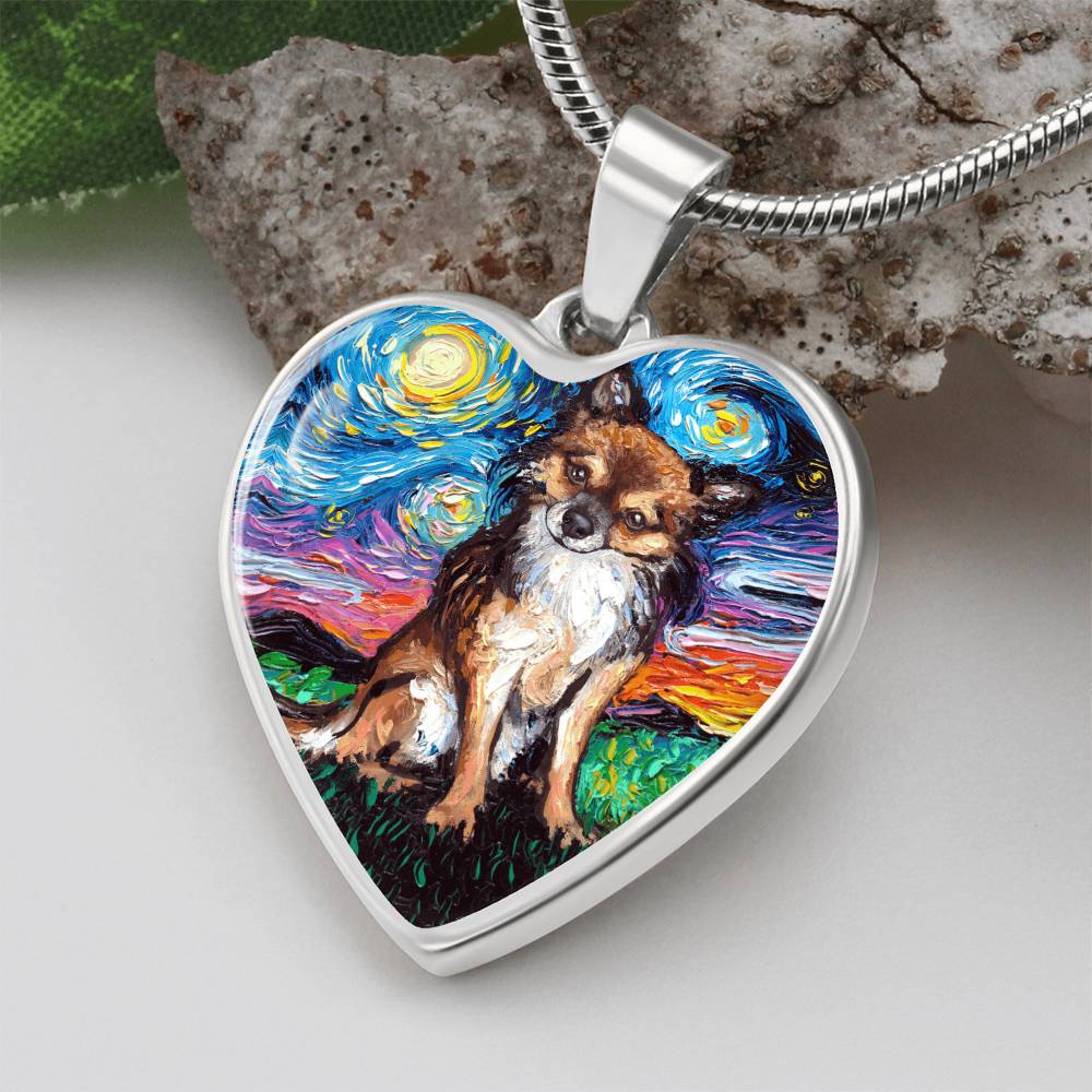 Long Hair Brown Chihuahua Starry Night Heart Necklace
