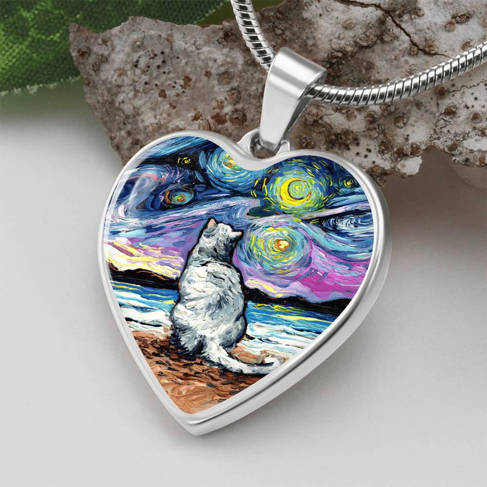 White Cat Beach Starry Night Heart Necklace