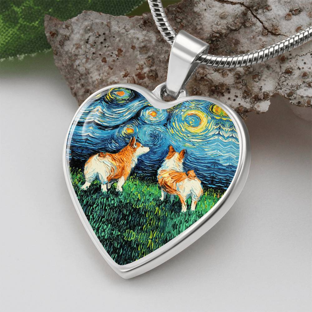 Corgi Starry Night Heart Necklace