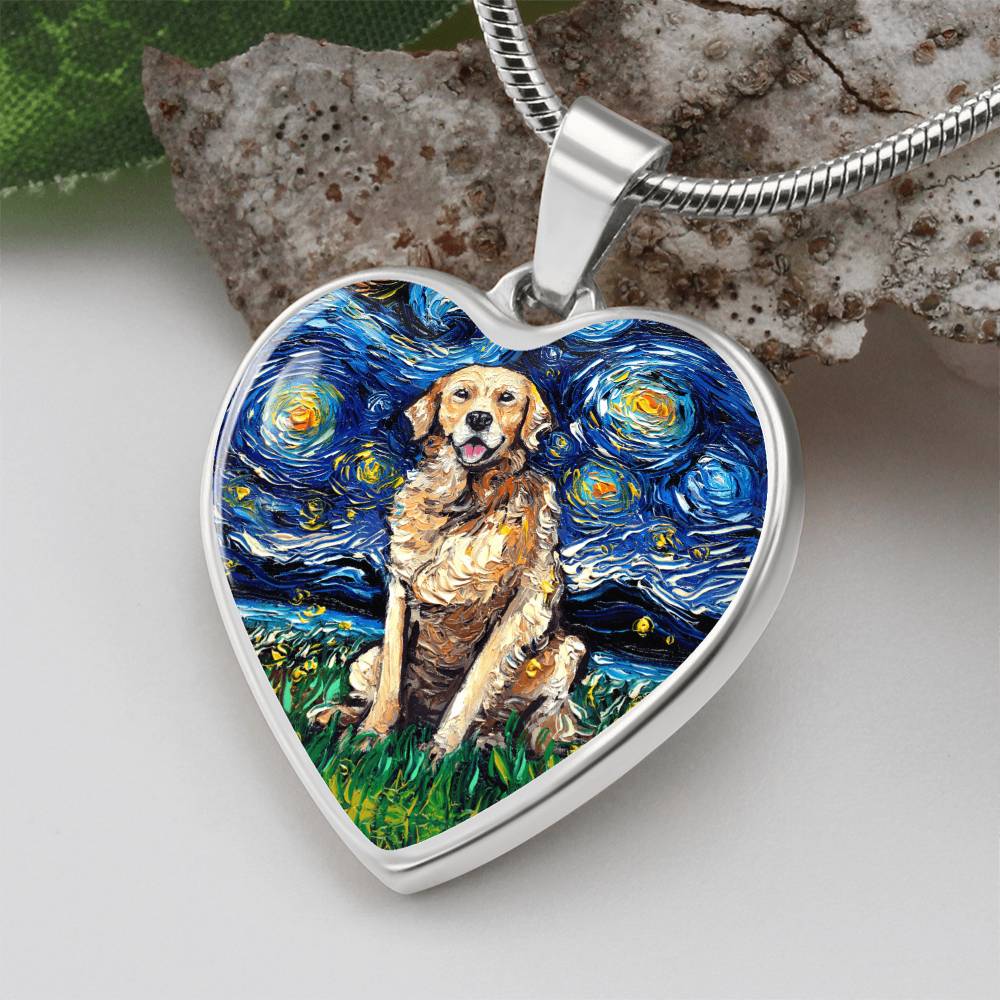 Golden Retriever Starry Night Heart Necklace