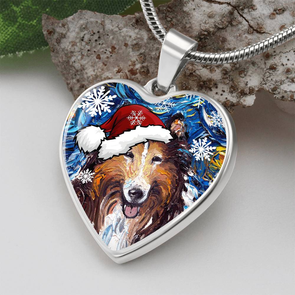 Collie In Santa Hat Starry Night Heart Necklace