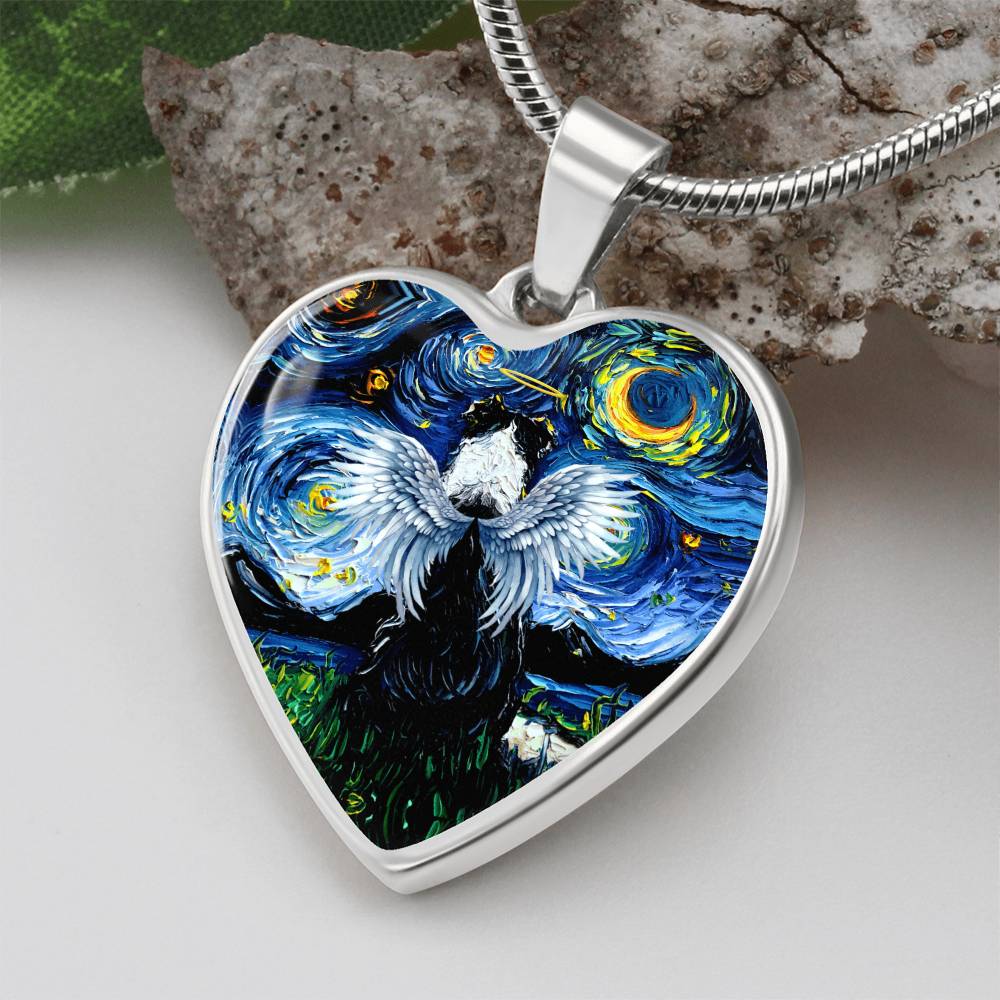 Angel Border Collie Starry Night Heart Necklace