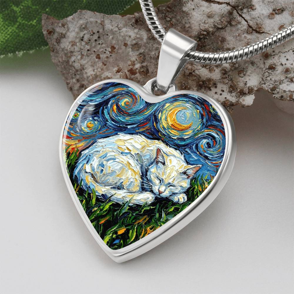 Sleepy White Cat Night Heart Necklace