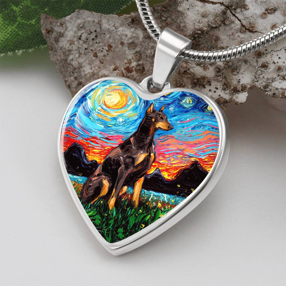 Red Doberman Starry Night Heart Necklace