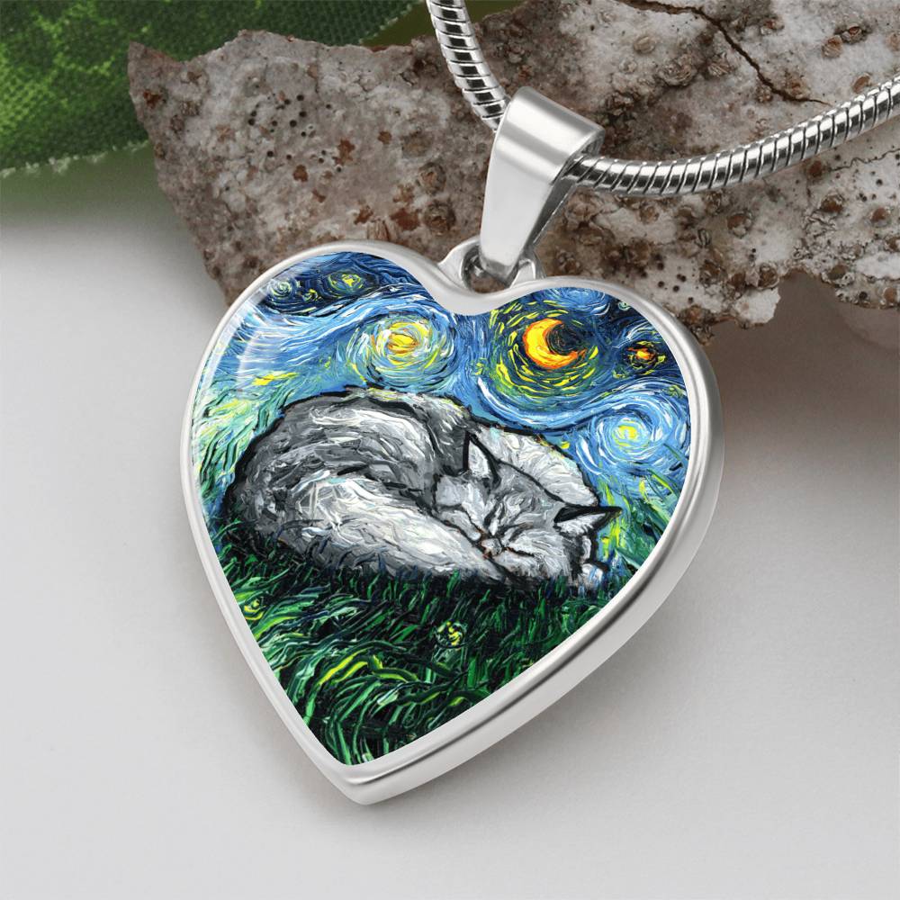 Sleeping Persian Cat Starry Night Heart Necklace