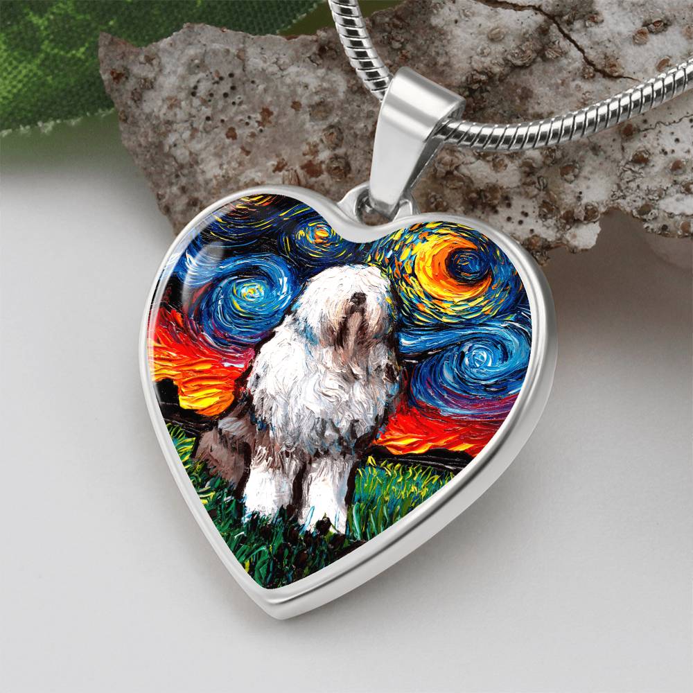 English Sheepdog Starry Night Heart Necklace