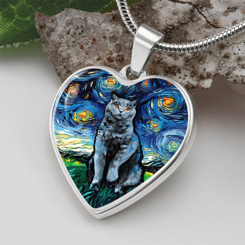 Blue British Shorthair Starry Night Heart Necklace