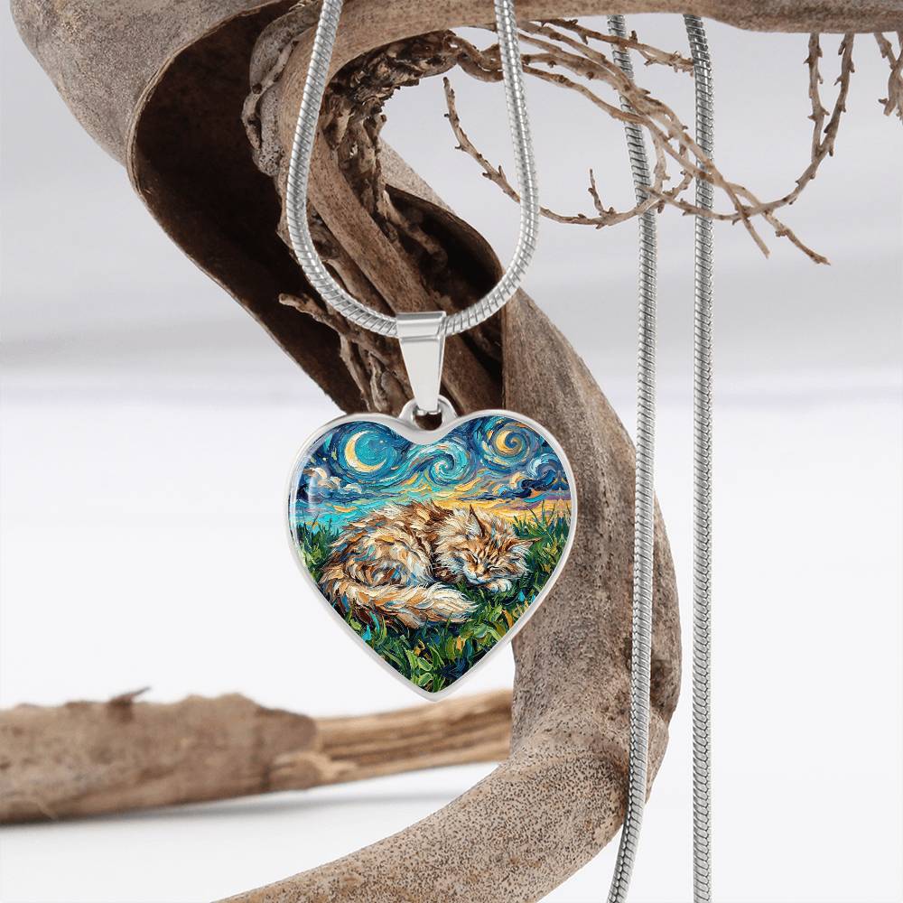 Sleepy Maine Coon Night Heart Necklace