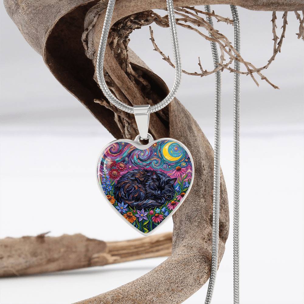 Amongst The Flowers - Sleepy Black Cat Heart Necklace