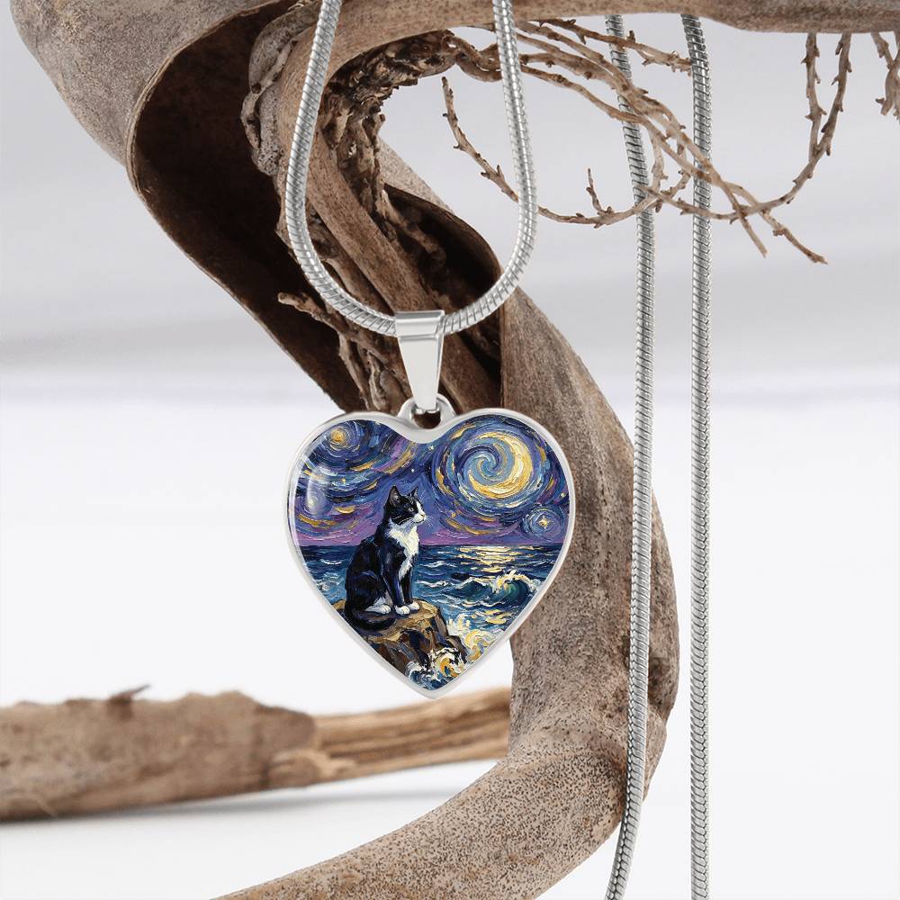 Beach Nights - Tuxedo Cat Heart Necklace