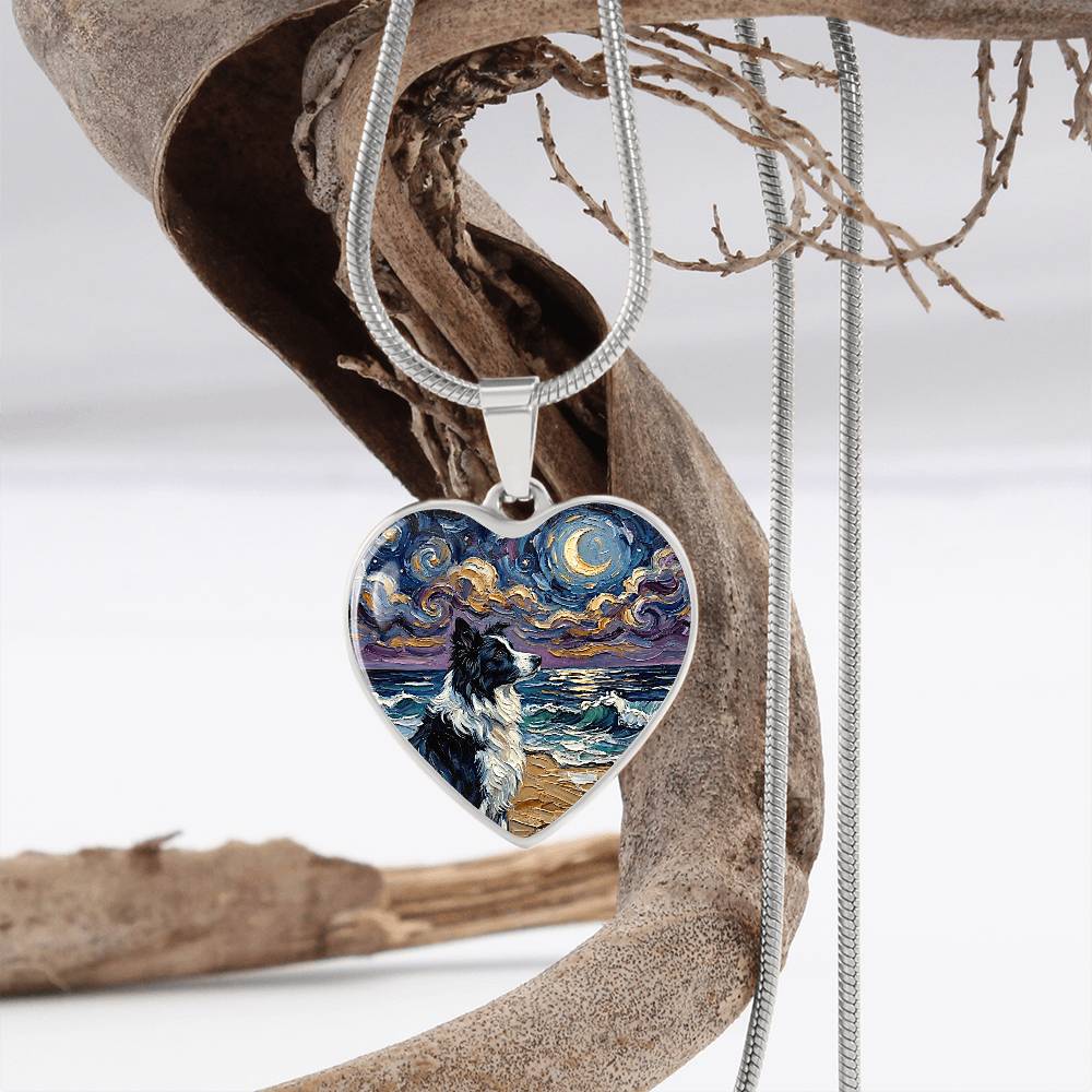 Border Collie Portrait Heart Necklace