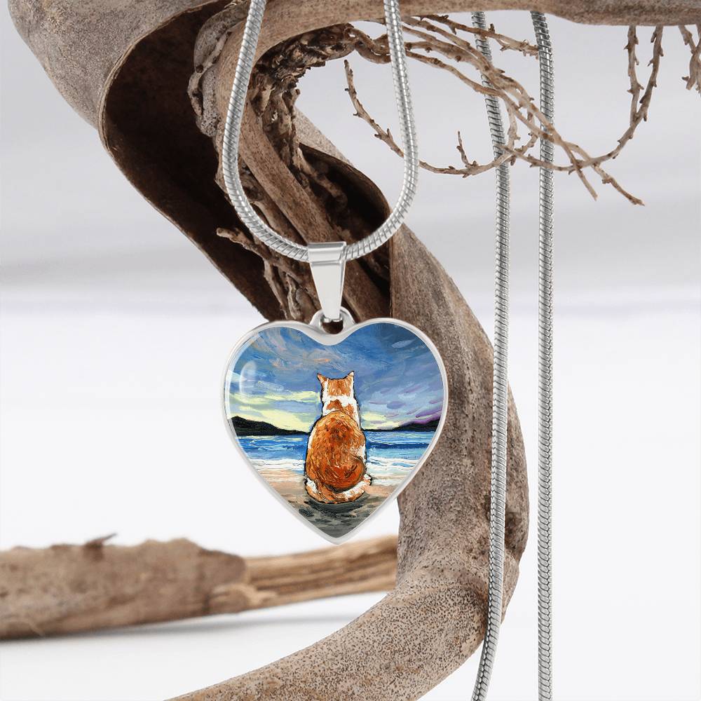 Beach Days - Orange and White Tabby Heart Necklace
