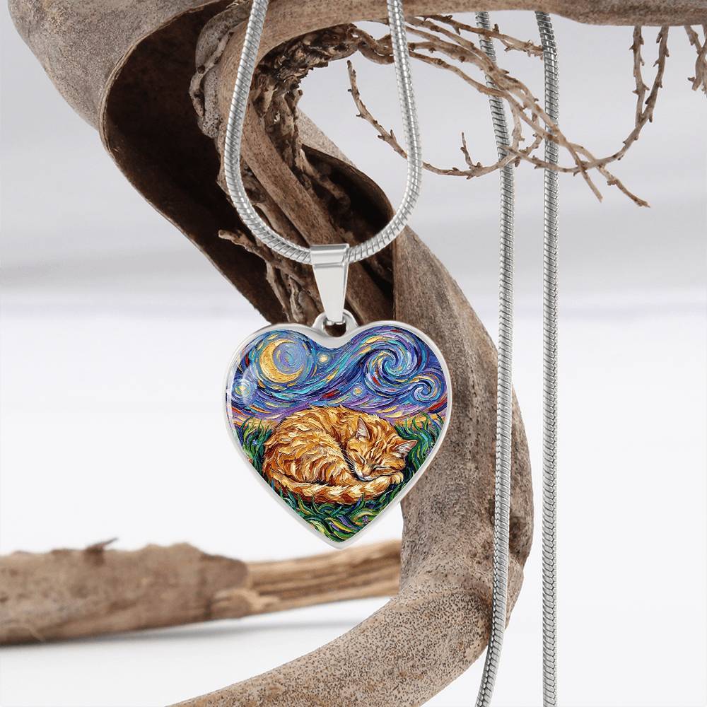 Sleepy Orange Tabby Night Heart Necklace