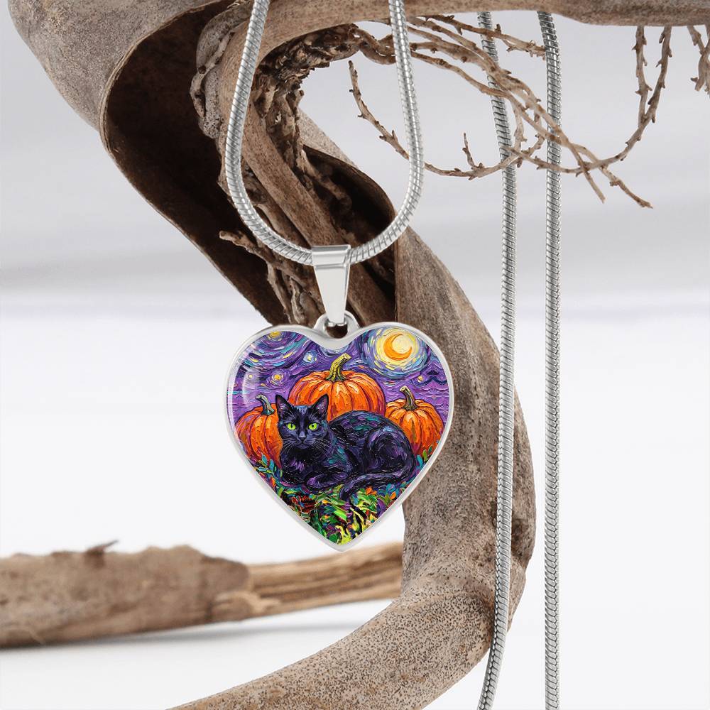 Harvest Moon Black Cat Heart Necklace