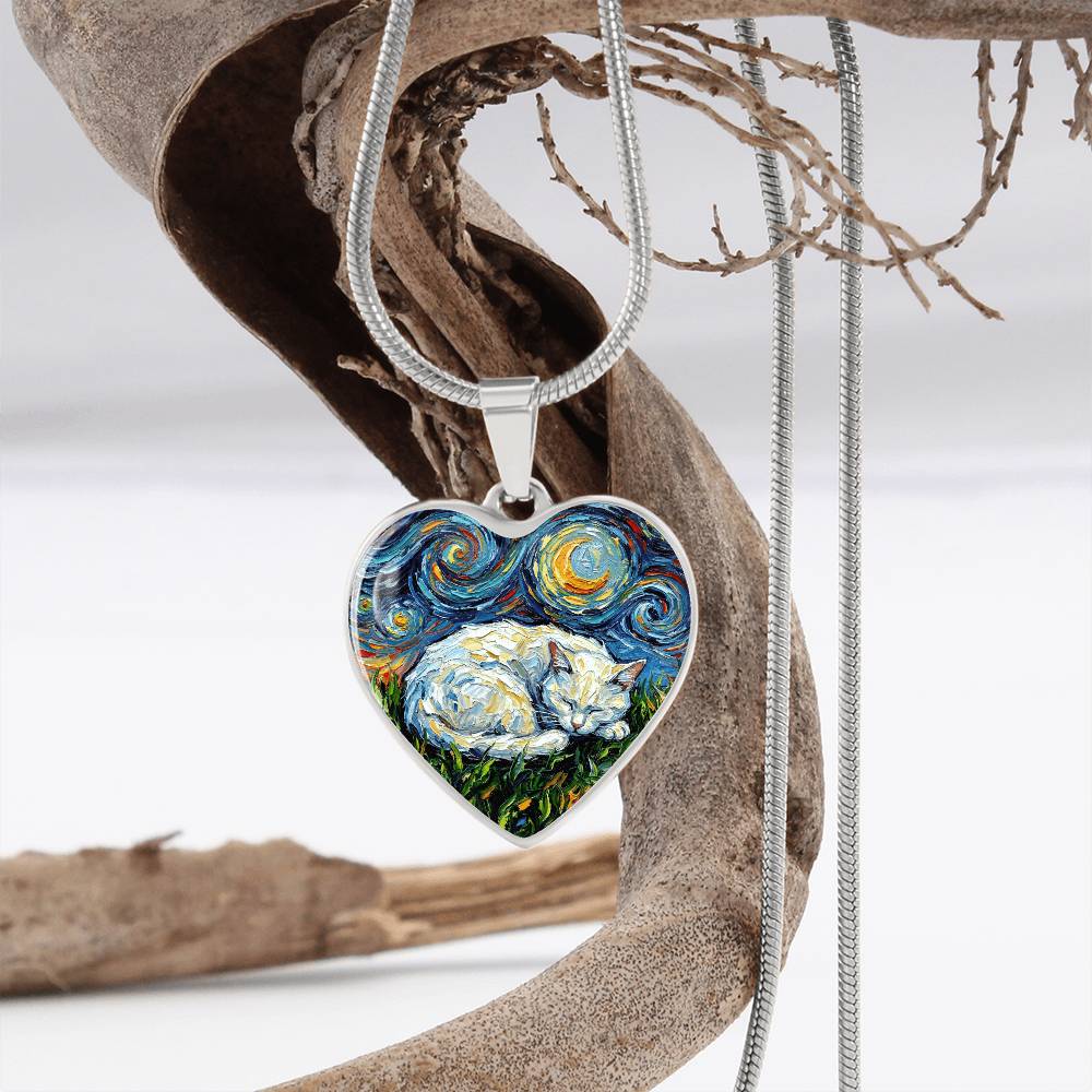 Sleepy White Cat Night Heart Necklace
