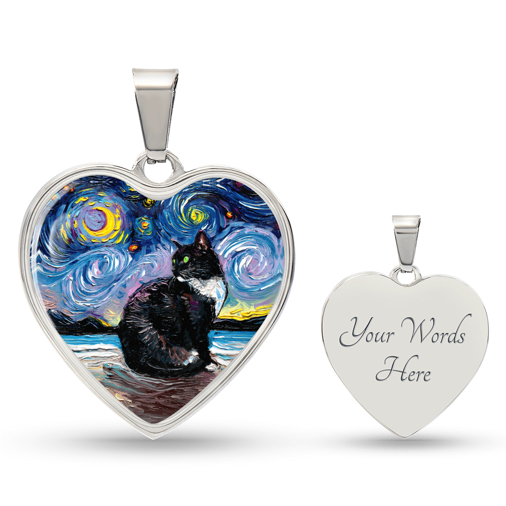 Tuxedo Cat with Green Eyes Starry Night Heart Necklace