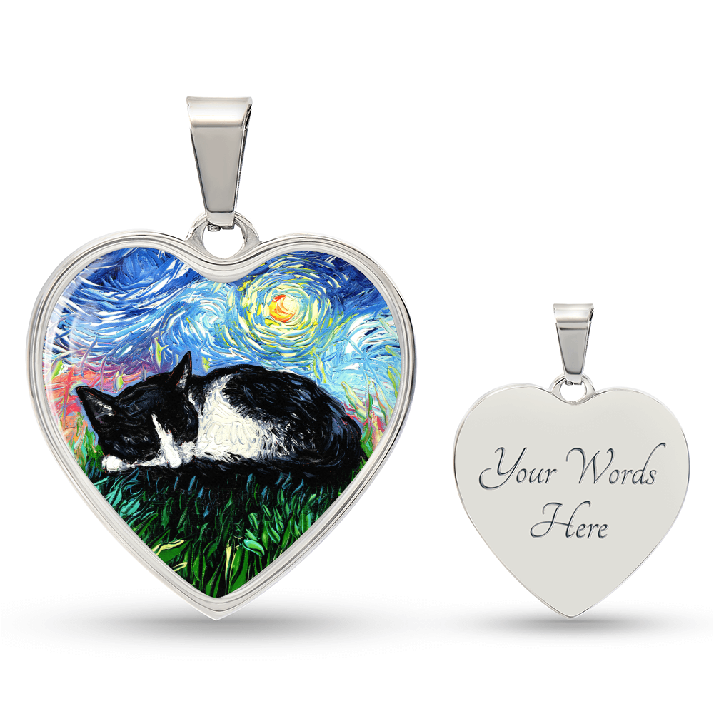 Sleepy Tuxedo Kitten Starry Night Heart Necklace
