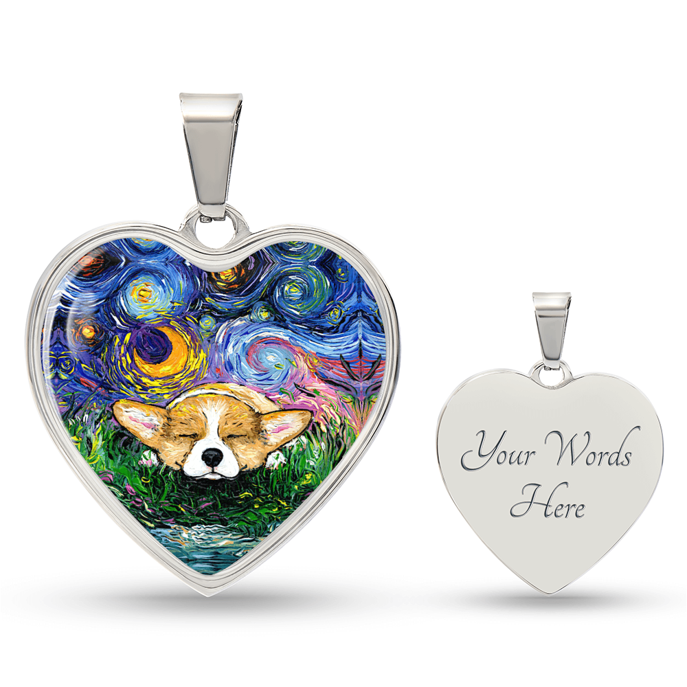 Sleeping Corgi Starry Night Heart Necklace