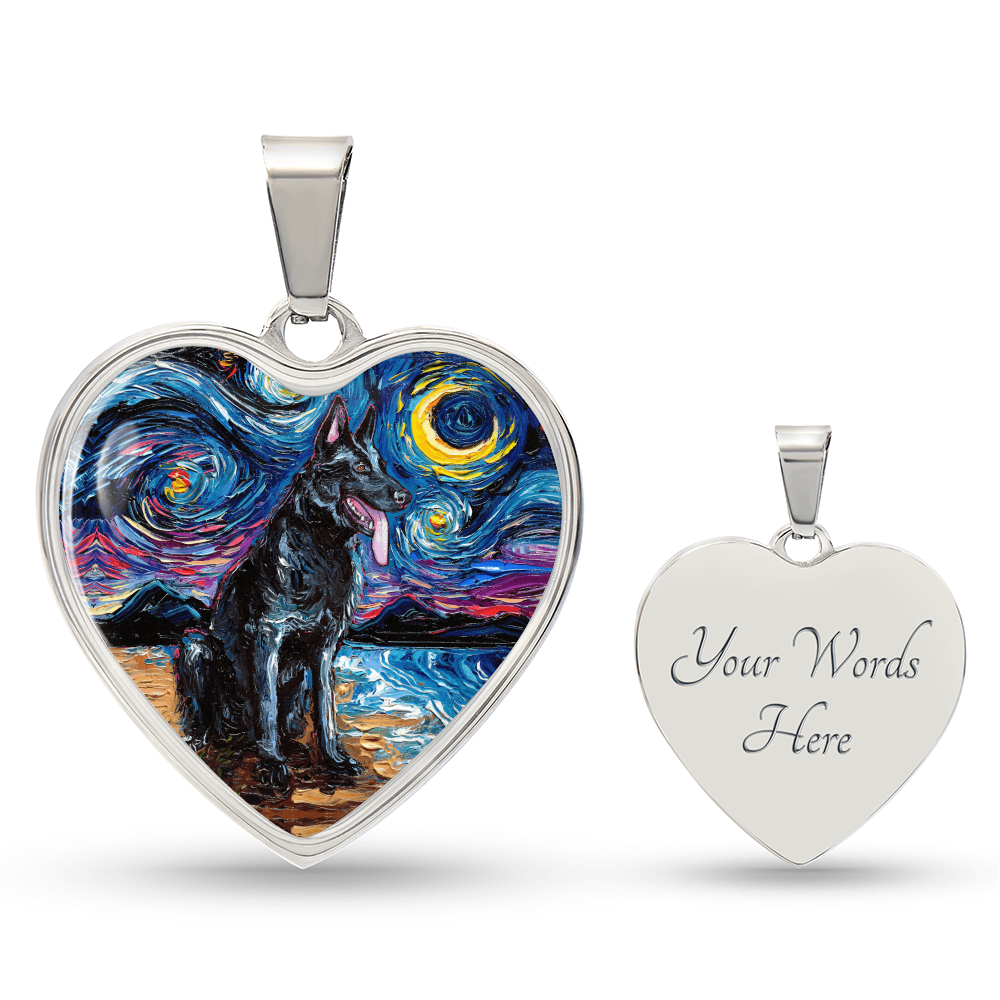 Black German Shepherd Starry Night Heart Necklace