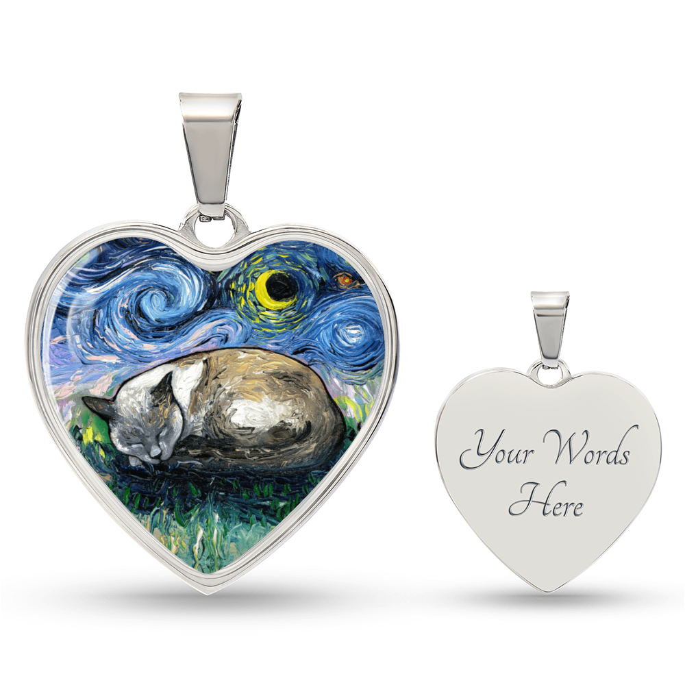 Sleeping Siamese Cat Starry Night Heart Necklace