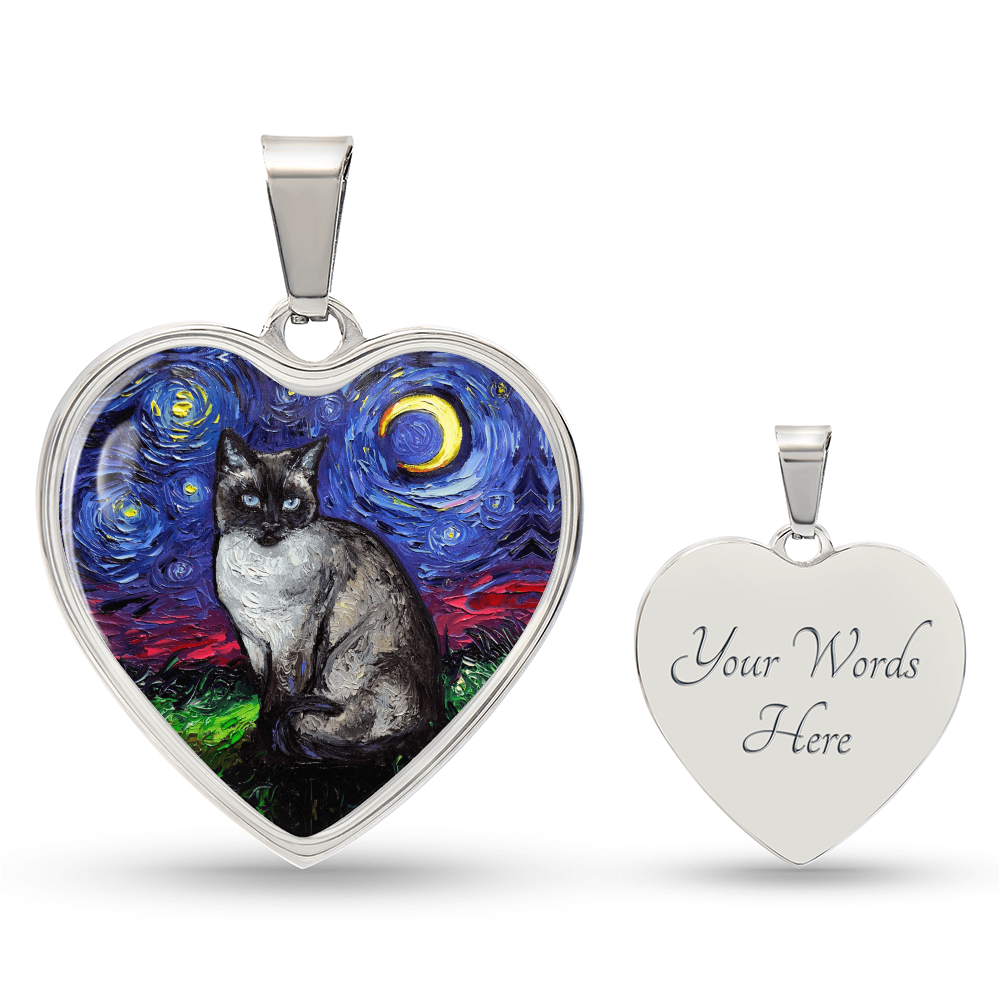 Siamese Cat Starry Night Heart Necklace