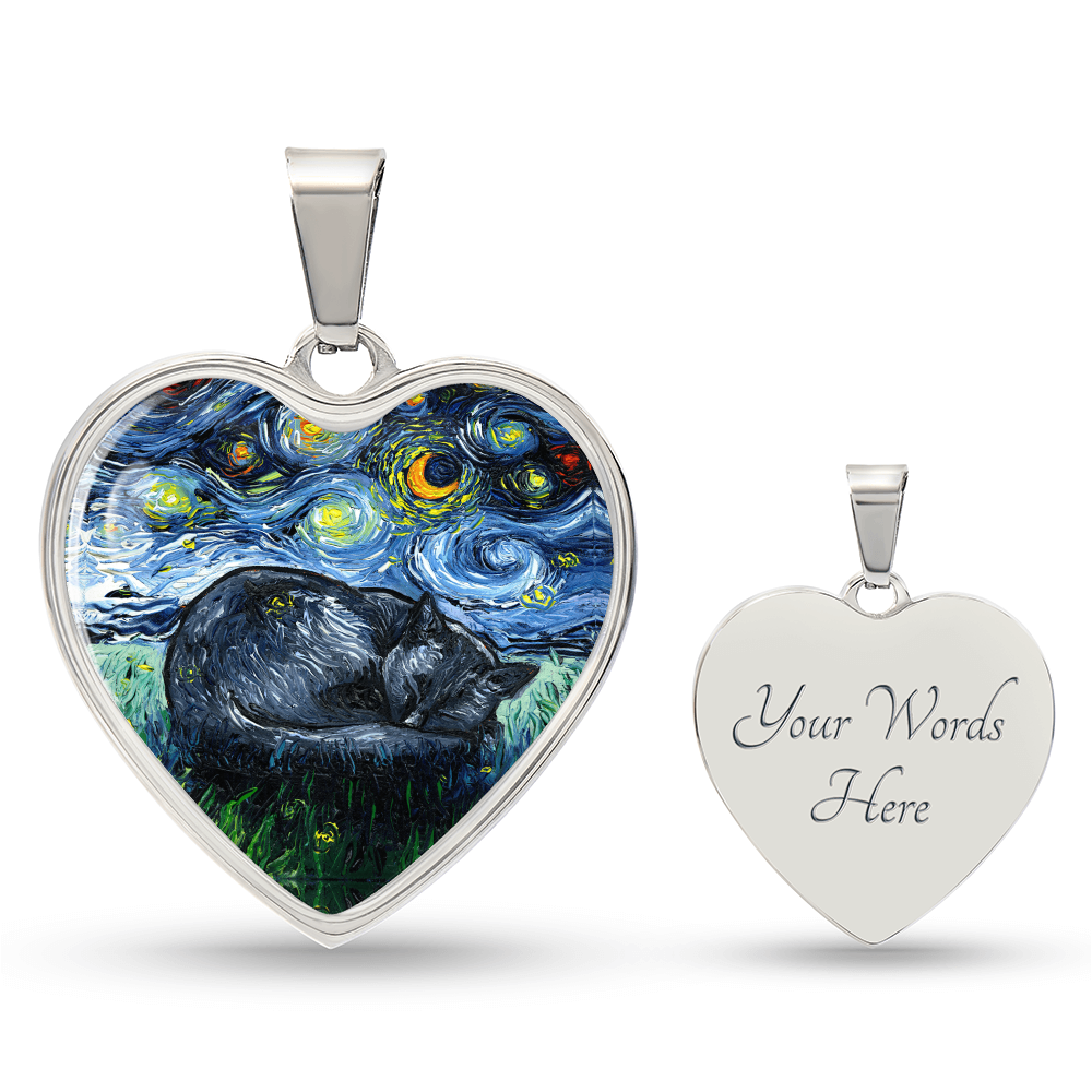 Sleeping Black Cat Starry Night Heart Necklace