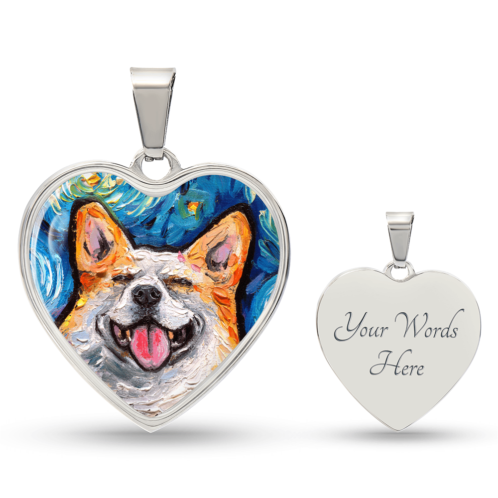 Smiling Corgi Portrait Starry Night Heart Necklace