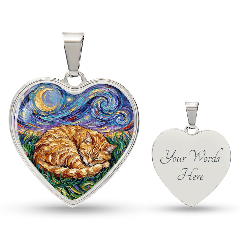 Sleepy Orange Tabby Night Heart Necklace
