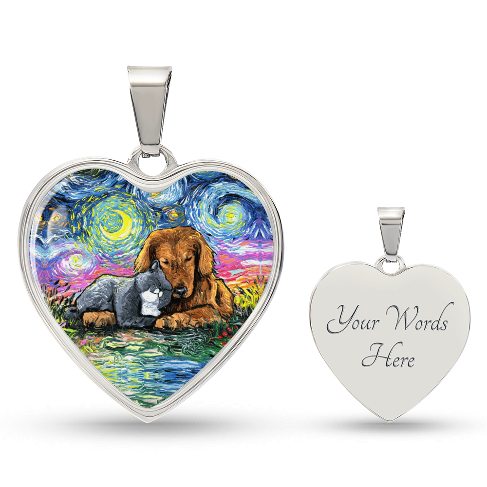 Best Friends Cat and Dog Starry Night Heart Necklace