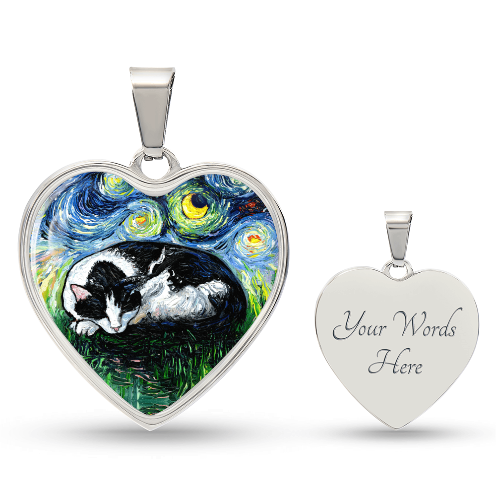 Sleeping Tuxedo Cat Starry Night Heart Necklace