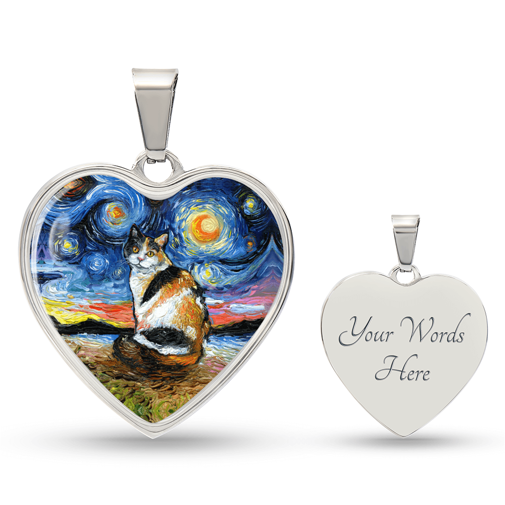Calico Cat Starry Night Heart Necklace