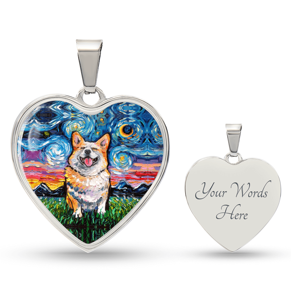 Smiling Corgi Starry Night Heart Necklace