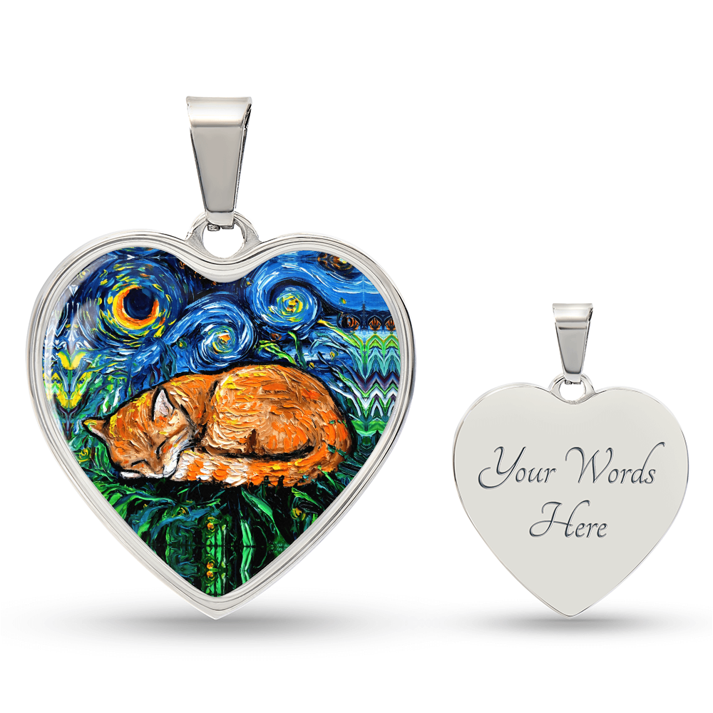 Sleepy Orange Tabby Cat Heart Necklace