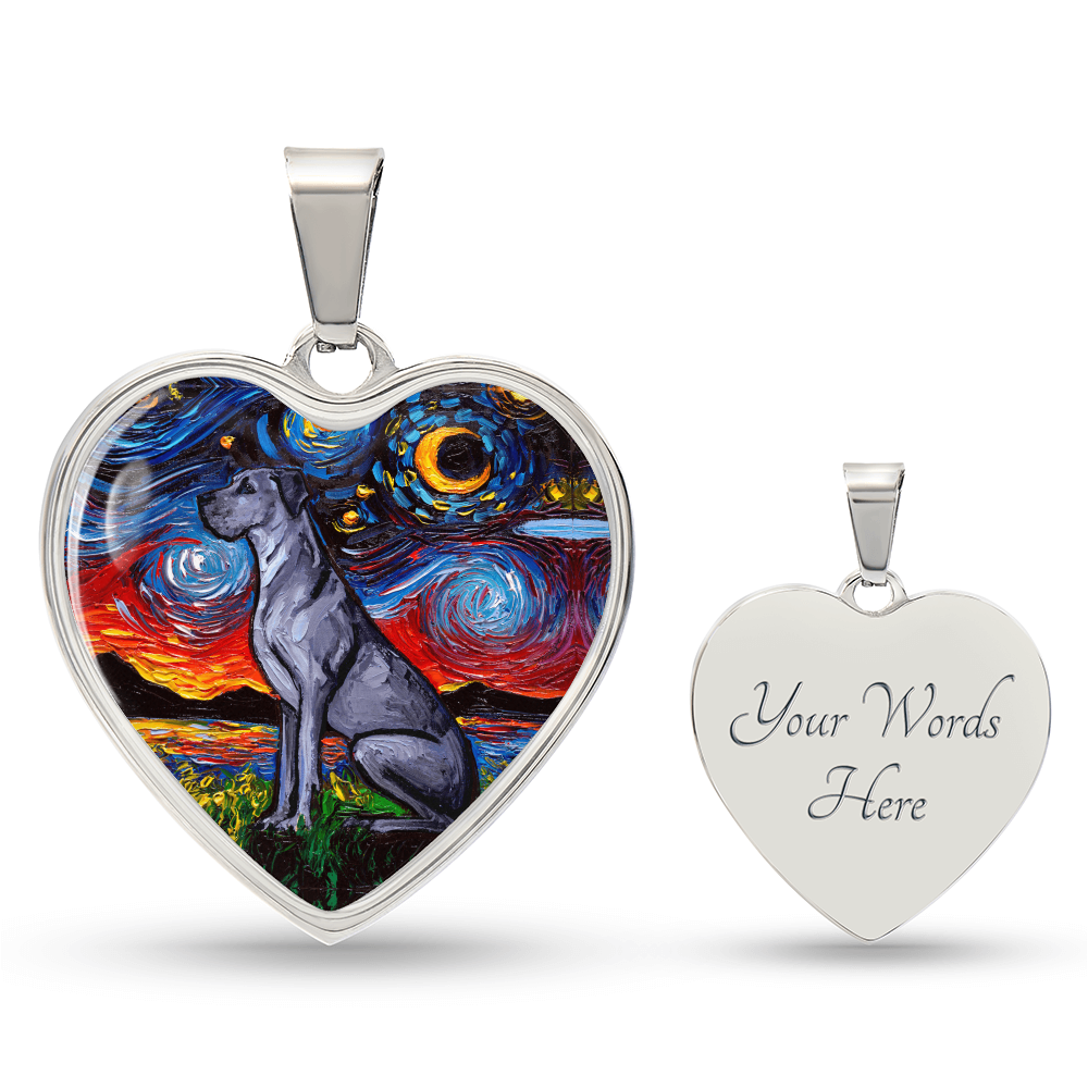 Blue Great Dane Starry Night Heart Necklace