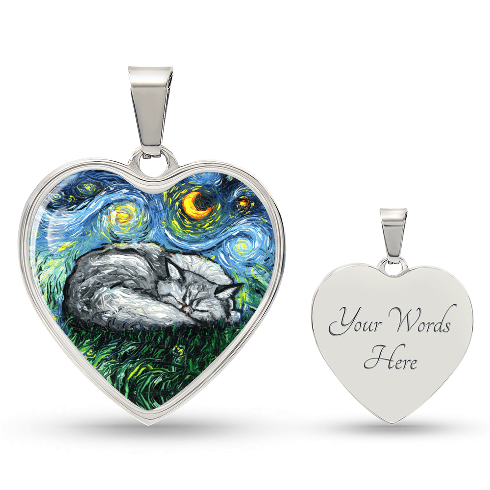 Sleeping Persian Cat Starry Night Heart Necklace