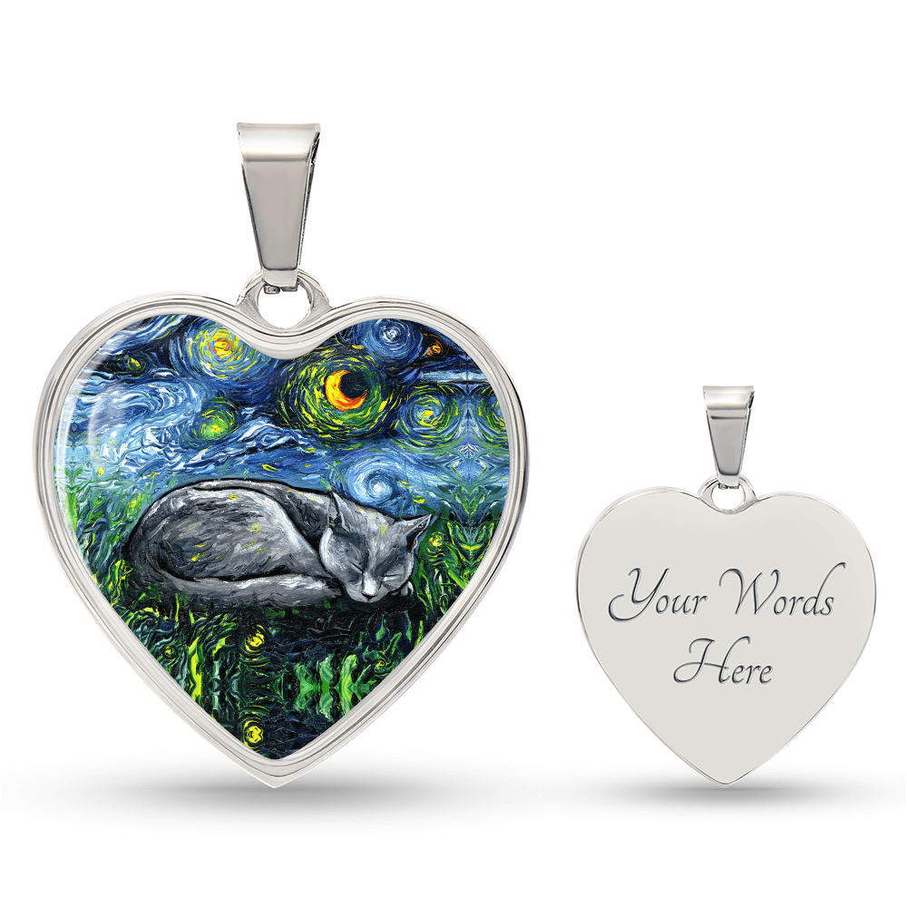 SleepingRussian Blue Cat Starry Night Heart Necklace