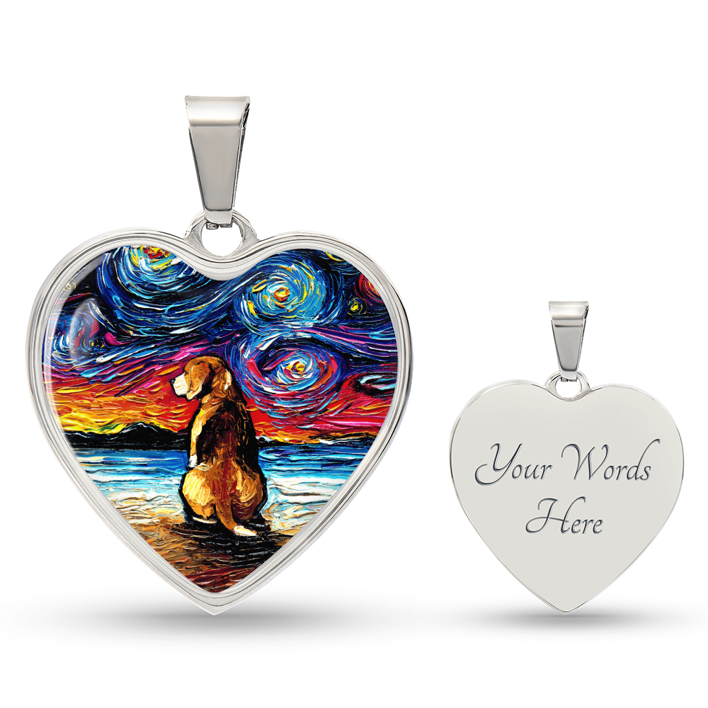 Beagle at the Beach Starry Night Heart Necklace