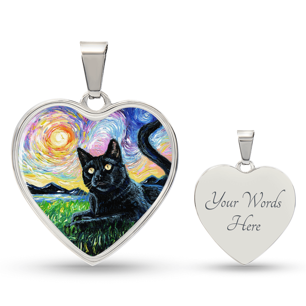 Black Cat and Sunset Starry Night Heart Necklace