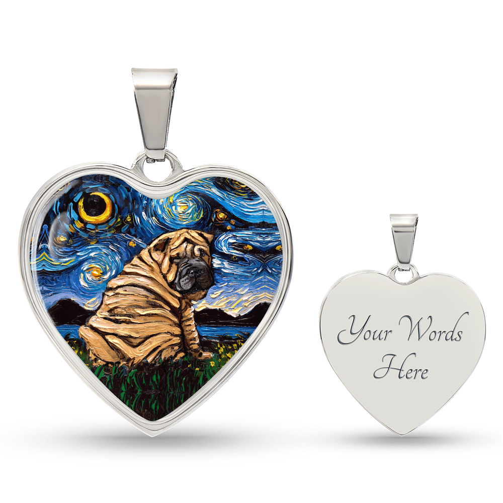 Brown Shar Pei Starry Night Heart Necklace