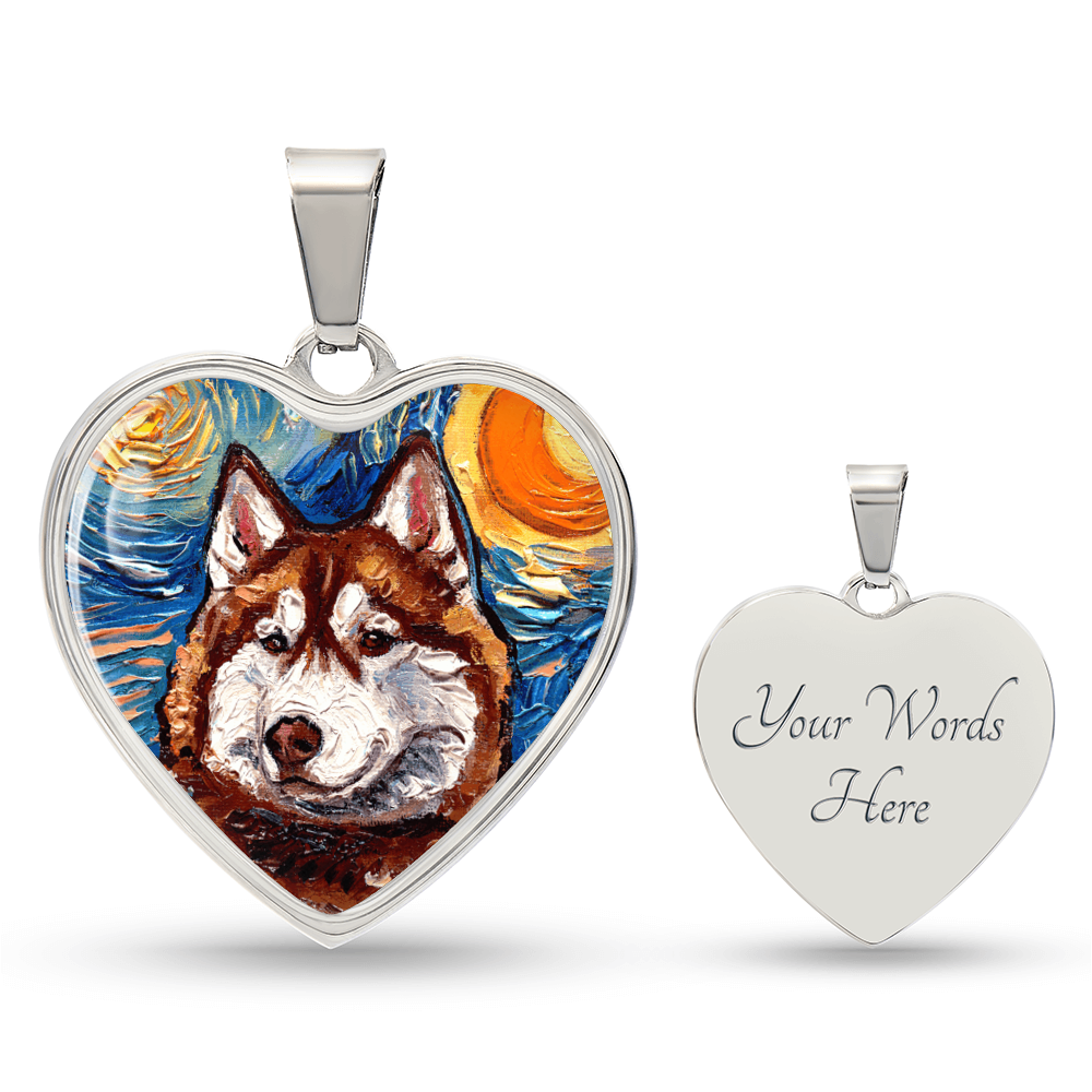 Red and White Husky Portrait Starry Night Heart Necklace
